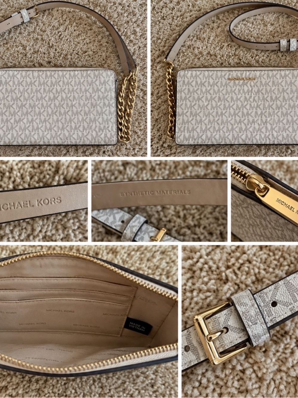 Michael Kors Cream/Beige Monogram Crossbody with Gold Chain